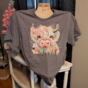 Gildan Gray Tee with Colorful Cow Graphic